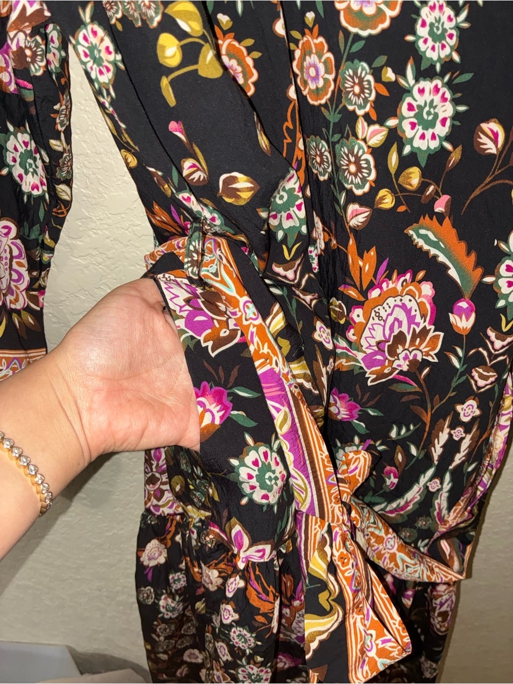 Pinch Border Print Tiered Midi Dress In Black boho floral Multi size small - Picture 6 of 7